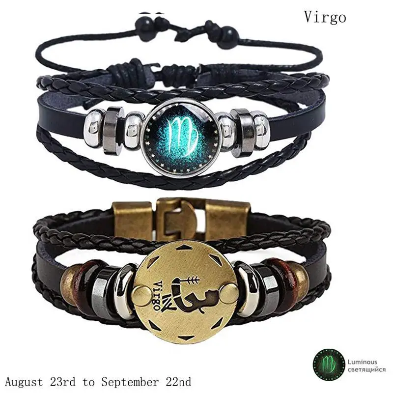 2 шт. 12 браслет с созвездием знак зодиака черный плетеный кожаный браслет Aries Leo Libra светящийся купол ювелирные изделия панк мужской браслет - Окраска металла: Virgo