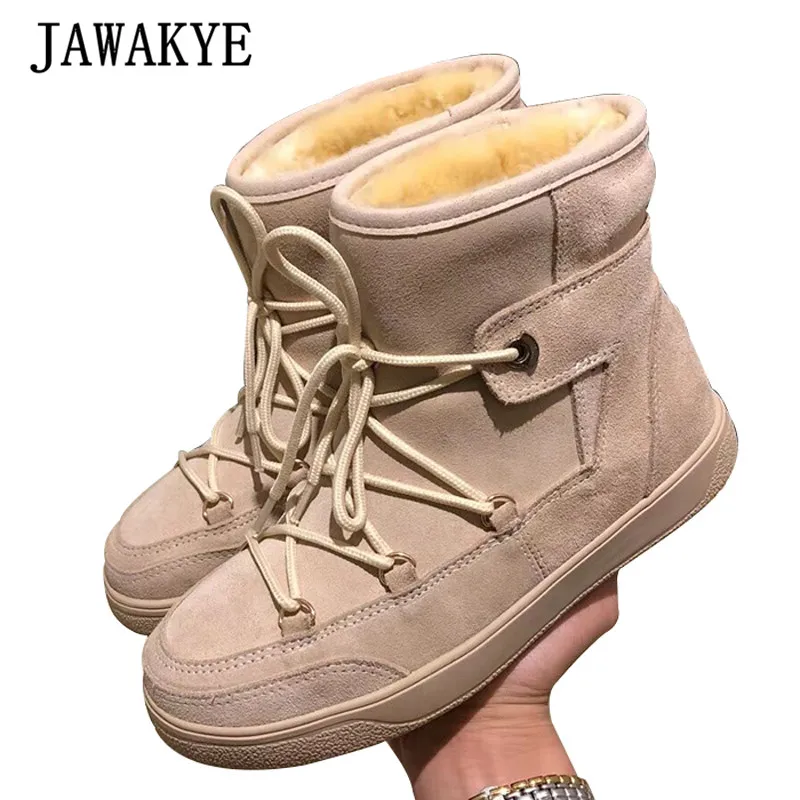

Flat Heel Thick Sheep Fur Snow Boots Cross Tied Martin Boots Women Winter Casual Ankle Boots Real Suede Leather Platform Shoes