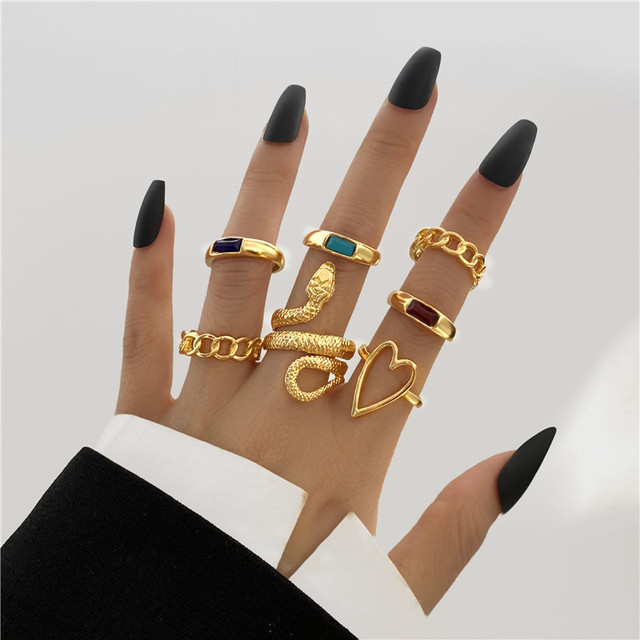 Gothic Heart Ring Set for Women Flame Pentagram Vintage Spades Ace Silver Plated Retro Charm Billiards Finger Jewelry