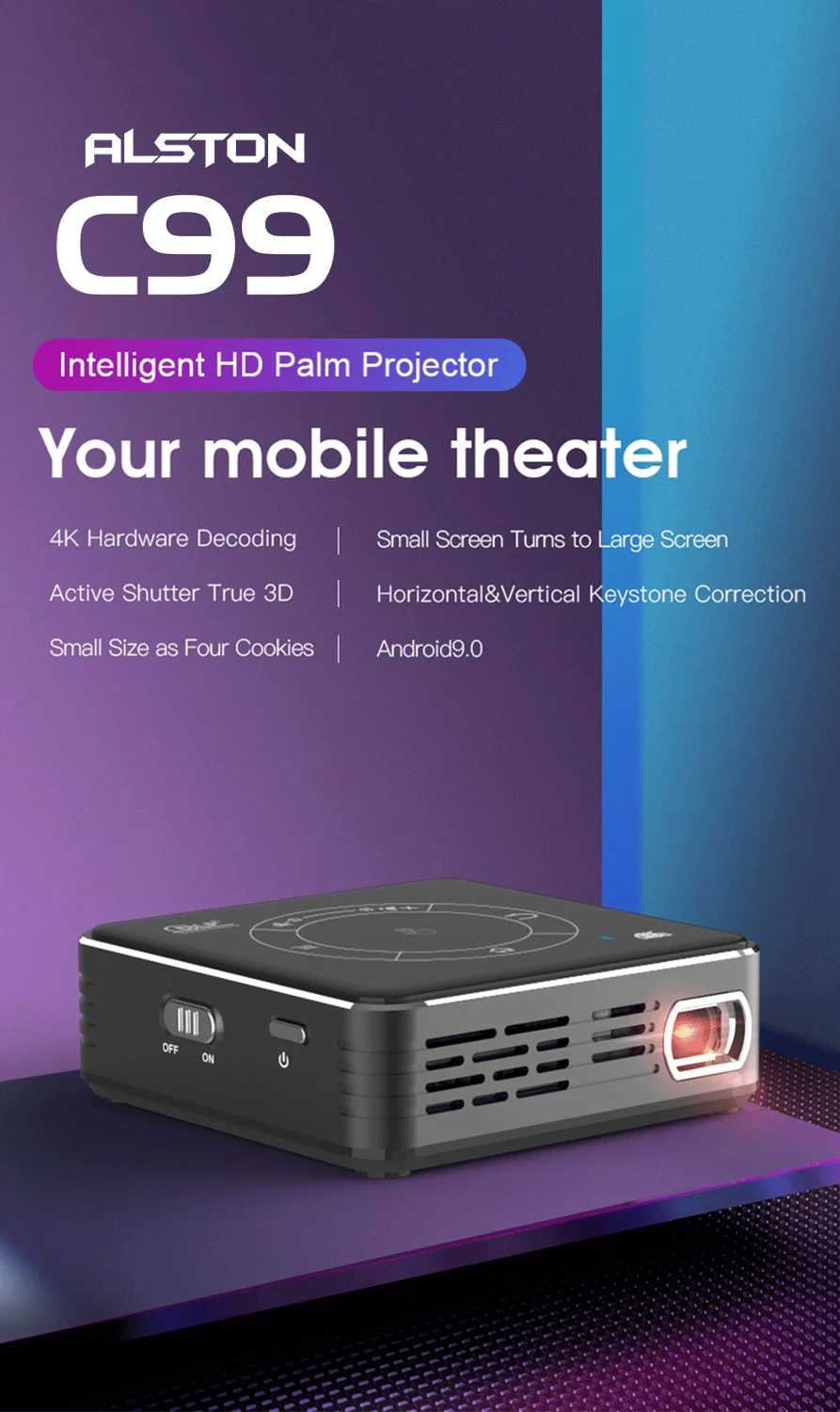 Alston c99 mini dlp android projetor wifi bluetooth 5.0 portátil led projetor de vídeo cinema em casa apoio miracast airplay-1