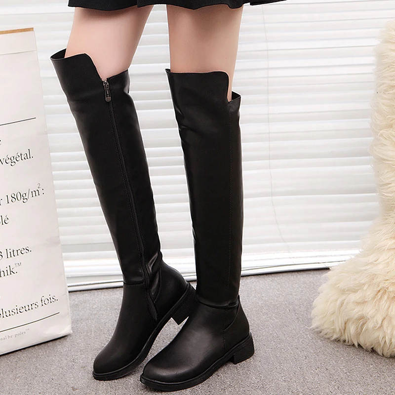 

Women's Over Knee Boots PU Leather Motorcycle boots High Boots Female Suede winter boots for women Sexy Fashion Black Shoes