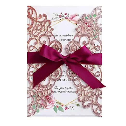 Rose Gold Glitter Laser Cut Wedding Invitation Cards With Burgundy Ribbon And Envelope For Bridal Shower Engagement Party 100pcs Cards Invitations Aliexpress