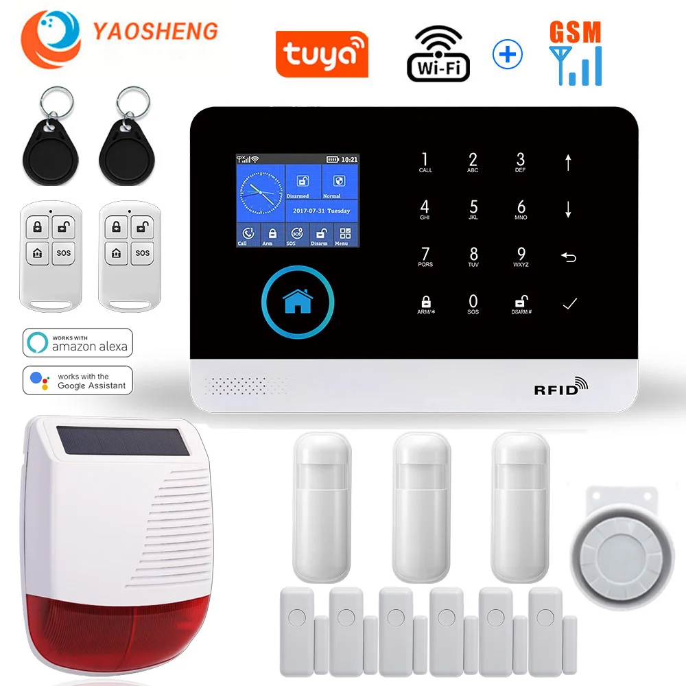 TUYA Wireless WIFI GSM Home Security Alarm System With Solar Strobe Siren PIR Motion Sensor Compatible Alexa & Google | Безопасность