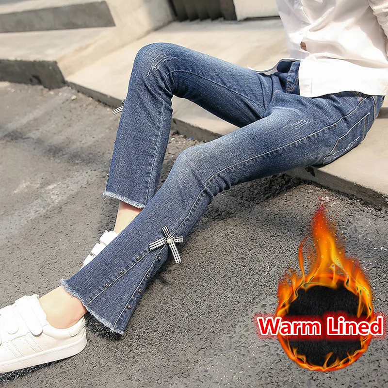 

Elegant Grils Winter Jeans for Kids Flared Jeans For Girls Flared Trousers Kids Warm Denim Pants With Beads High Quality 4-13T