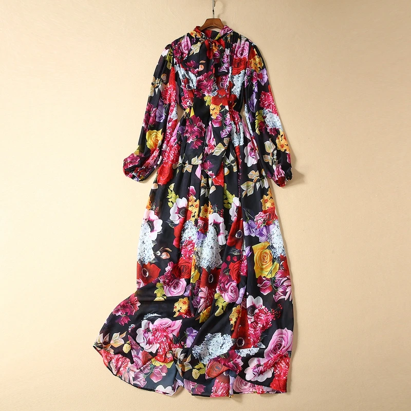 Red RoosaRosee Designer Women Spring Autumn Bow Collar Flower Print Long Sleeve Long Maxi Dress Elegant Boho Vestidos Robe Femme