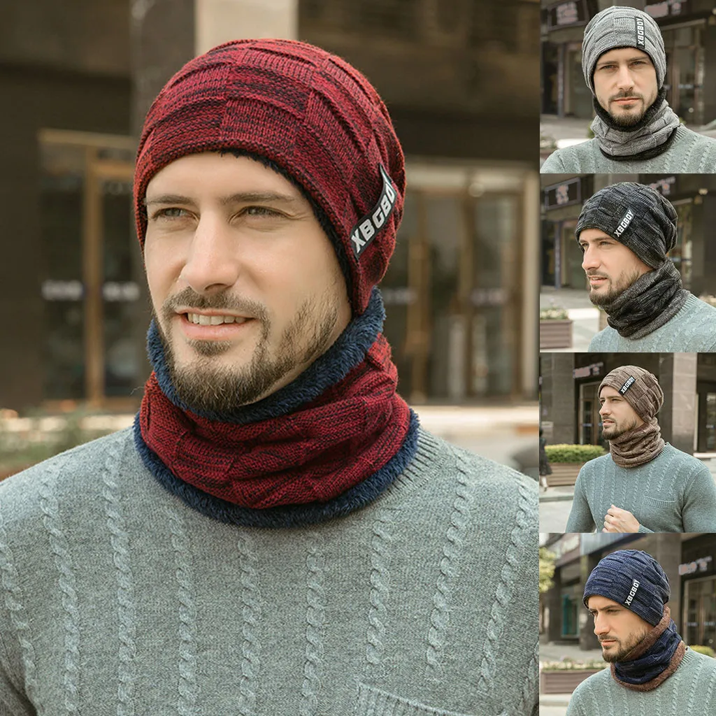 

Men's hooded hat scarf plus velvet thick wool knitted hat Unisex Winter WIndshield Scarf Hat Can Be Used As Scarf And Hat A526