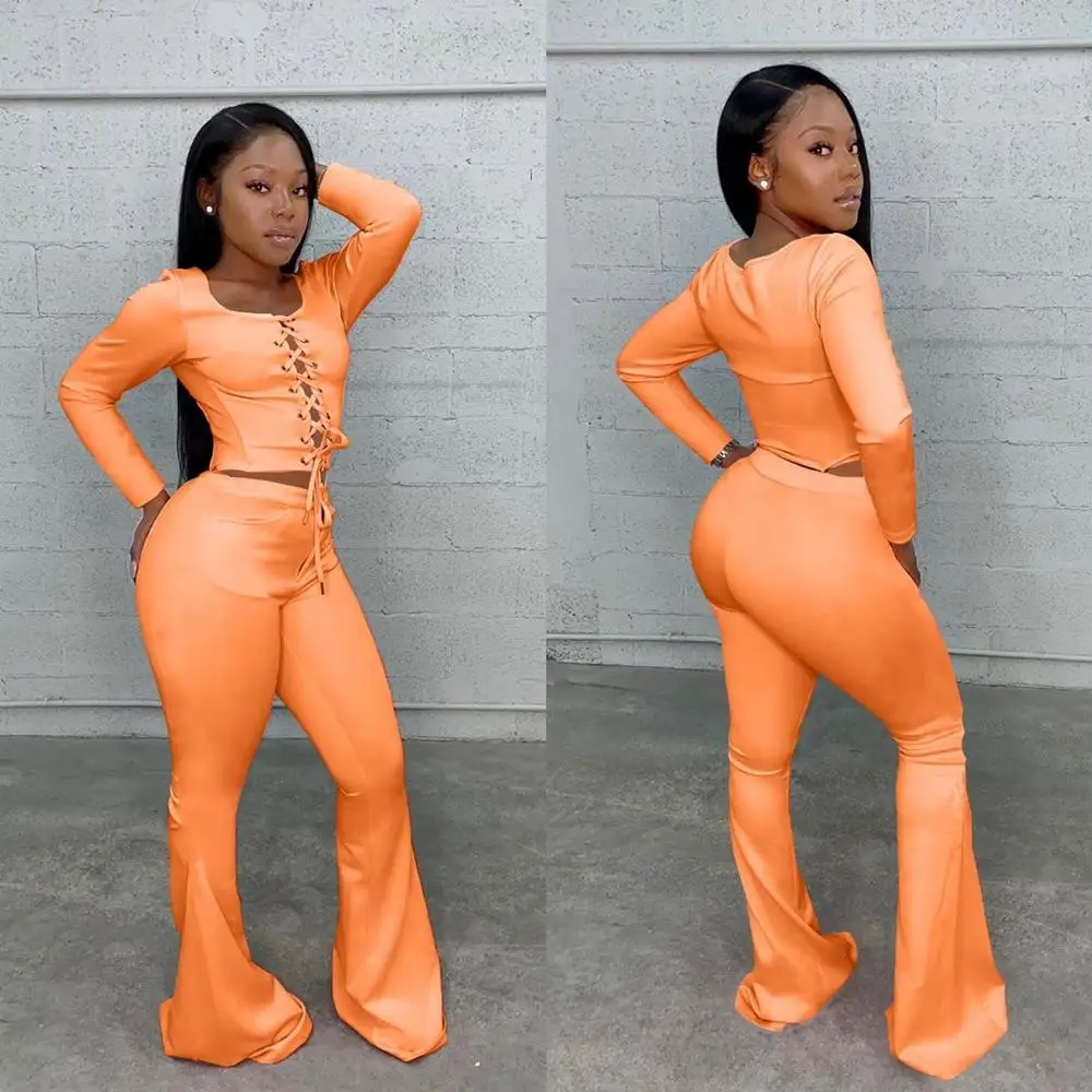 

Fall New Sexy Two Pieces Set For Women Long Sleeve Bandage Crop Tops And High Waist Flare Pants Suits Club Party Outfits