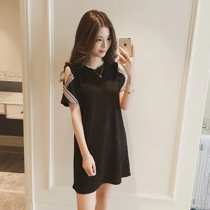 

2019 Summer New Style Korean-style Black And White with Pattern off-Shoulder Short-sleeve Dress WOMEN'S Dress Loose-Fit Mid-leng