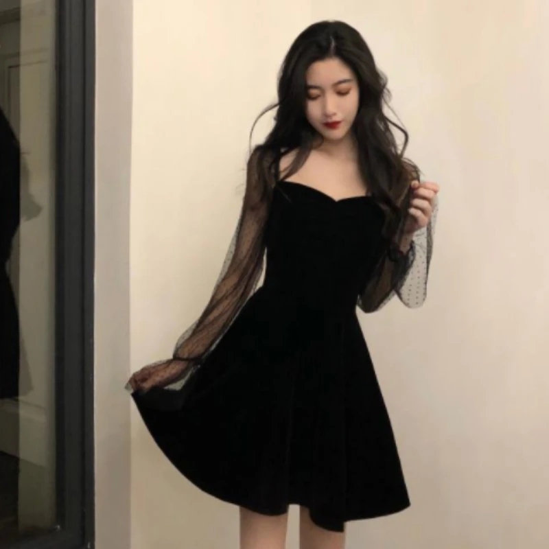 Dresses Womens Summer Vintage A-Line Solid Mesh Flare Sleeve Knee Length Square Collar Elegant Feminine Sexy Chic Women 2020 New business casual women