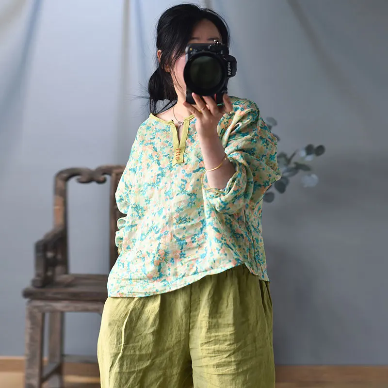 Women Ramie Printed Blouse Tops Female Vintage Print Ramie Latern Sleeve Shirts Ladies 2020 Spring Summer Ramie Shirt Tops 4