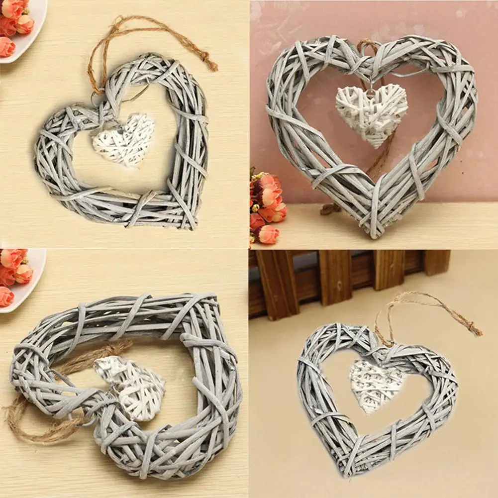 Heart-shaped Crafts Hanging Gray White Artificial Wreaths DIY Heart Wicker  for Wedding Birthday Party Wall Hanging Decoration