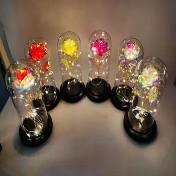 

Lighting Gold Rose Glowing Flower Artificial Rose Glass Cover Rose Bouquet Valentine's Day Gift Home Decoration