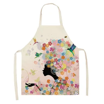 

Cotton Linen Aprons Flower Butterfly Girl Printed Kitchen Aprons for Women Home Cooking Flower Baking Waist Bib Pinafore