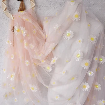 

Chic Daisy Flower Sequined Tulle Fabric Embroidery Mesh Fabric French Lace For DIY Sewing Summer Dress Home Decor Curtain fabric