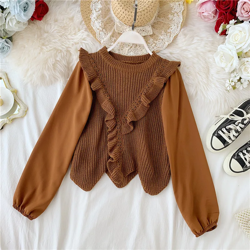 Neploe Pull Femme вязаный свитер с оборками и круглым вырезом с длинным рукавом осень зима милый пуловер свитера женский джемпер Трикотаж 55171