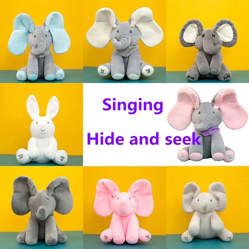 30cm Peekaboo éléphant jouet oreilles déplacer musique bébé animal cache-cache chat apaisant poupée éléphant chien lapin peluche