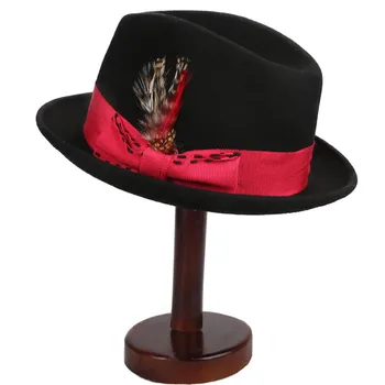 

Brand Quality Men Jazz Hat Australian Wool Felt Black Grey Camel Feather Bow Fedora Hat British Gentleman Winter Autumn Felt Hat