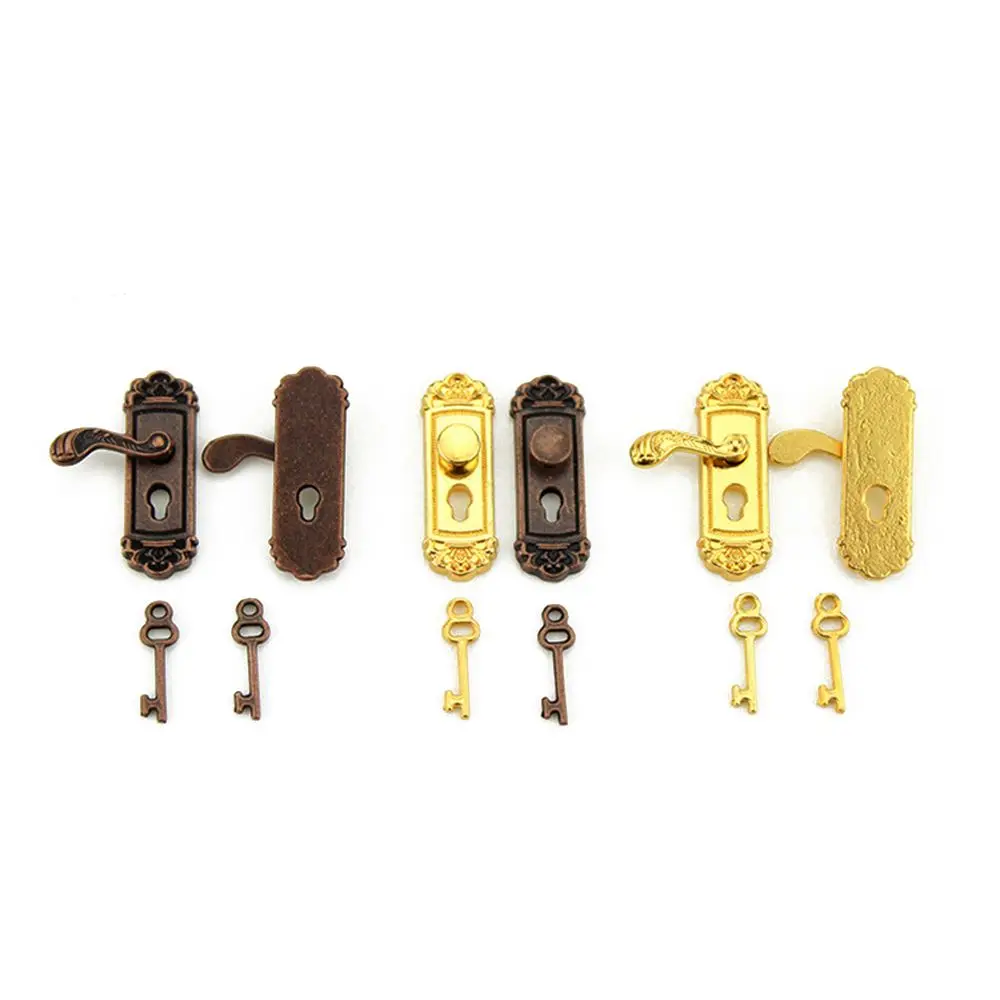 Dollhouse Lock Key Set Miniature Door Handles Brass Knobs Mini Furniture Pull 