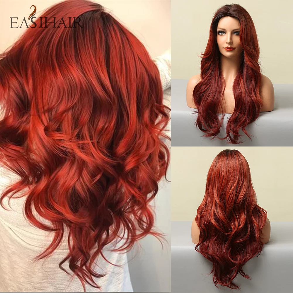 EASIHAIR Long Dark Red Synthetic Wig Brown to Win Red Ombre Natu