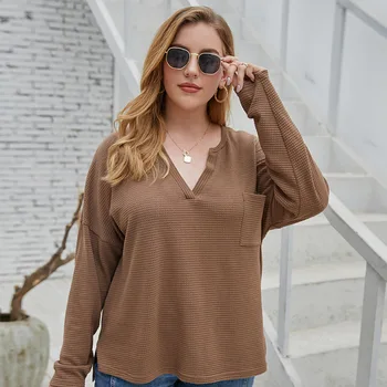 

Origional! Amazon AliExpress 2020 Autumn Fat mm Casual V-neck Long-sleeved T-shirt Female Casual Europe and America Large Size D