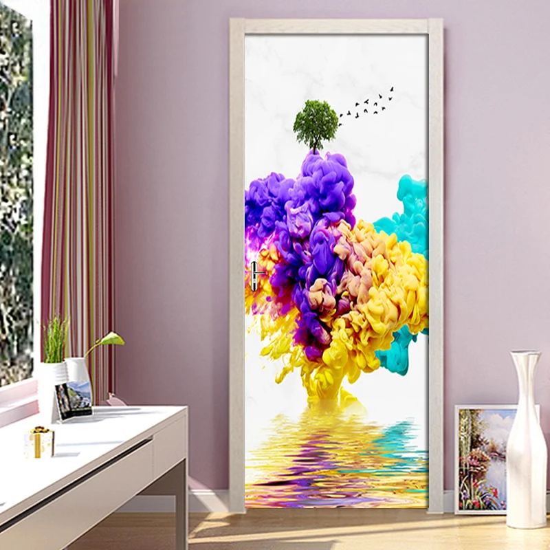 Съемная 3D дверь наклейка s абстрактный цветной дым водонепроницаемый гостиная спальня двери обои самоклеющиеся наклейки на стену Наклейка