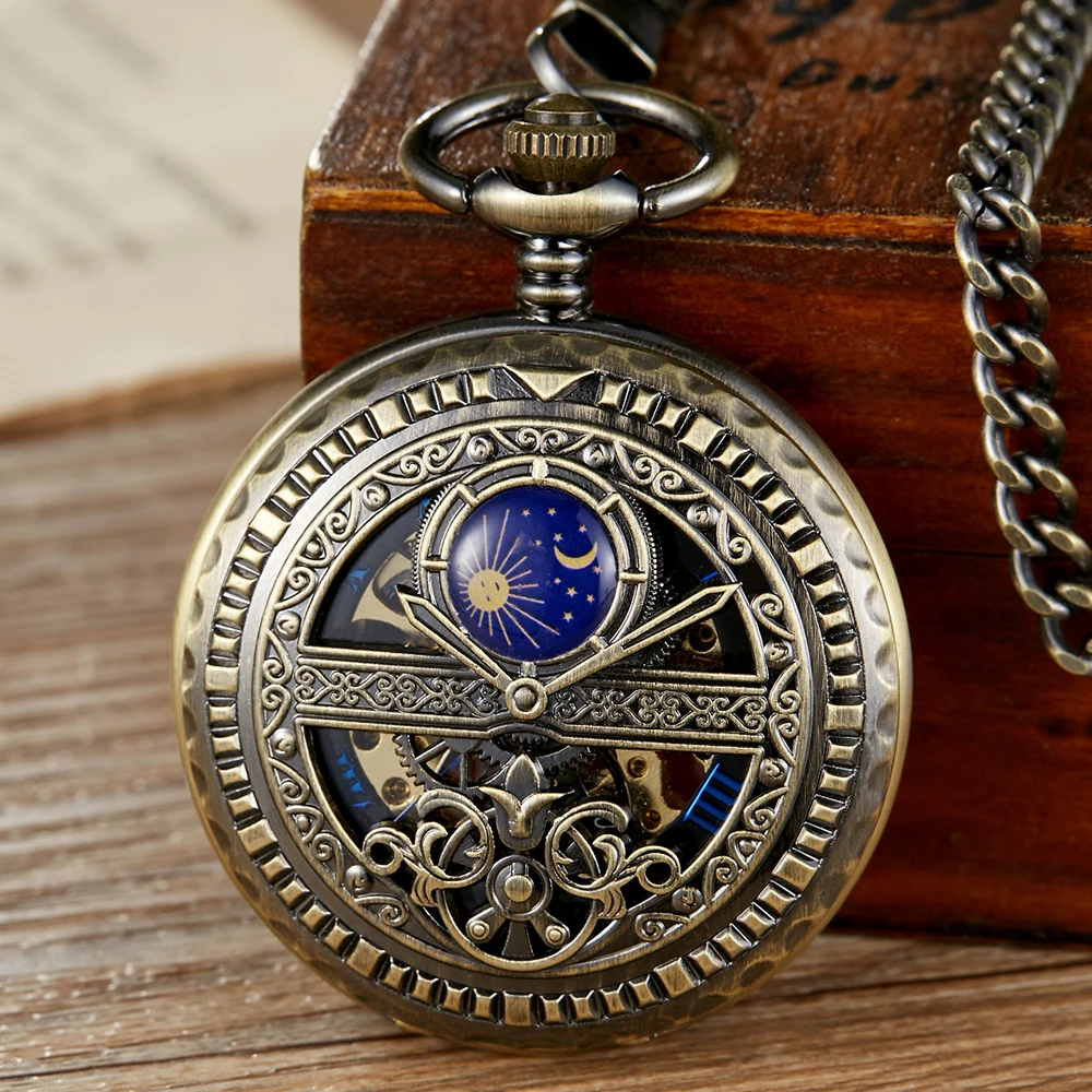 Hand-WInd Mechanical Pocket Watch Vintage Hollow Blue Moon Star Steampunk Skeleton Watch Roman Numerals Clock With Fob Chain