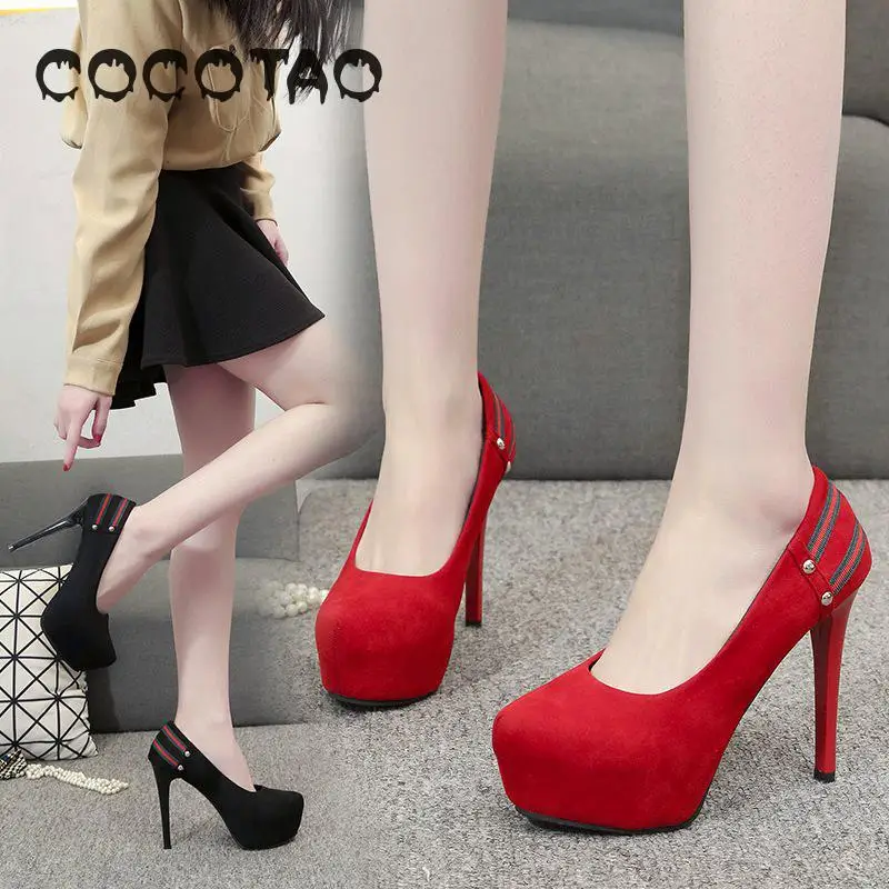 

Ms High-heeled Shoes Waterproof Taiwan Sexy Wedding Shoes Red Round Head Thin Girl With Web Celebrity New Suede Shoes 35