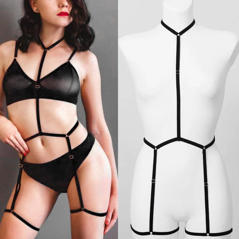 

Sexy Lingerie Black Body Harness Set Goth garter Halloween Bondage Harness Elastic Body Harness Cage bra Wedding Leg Garter Belt