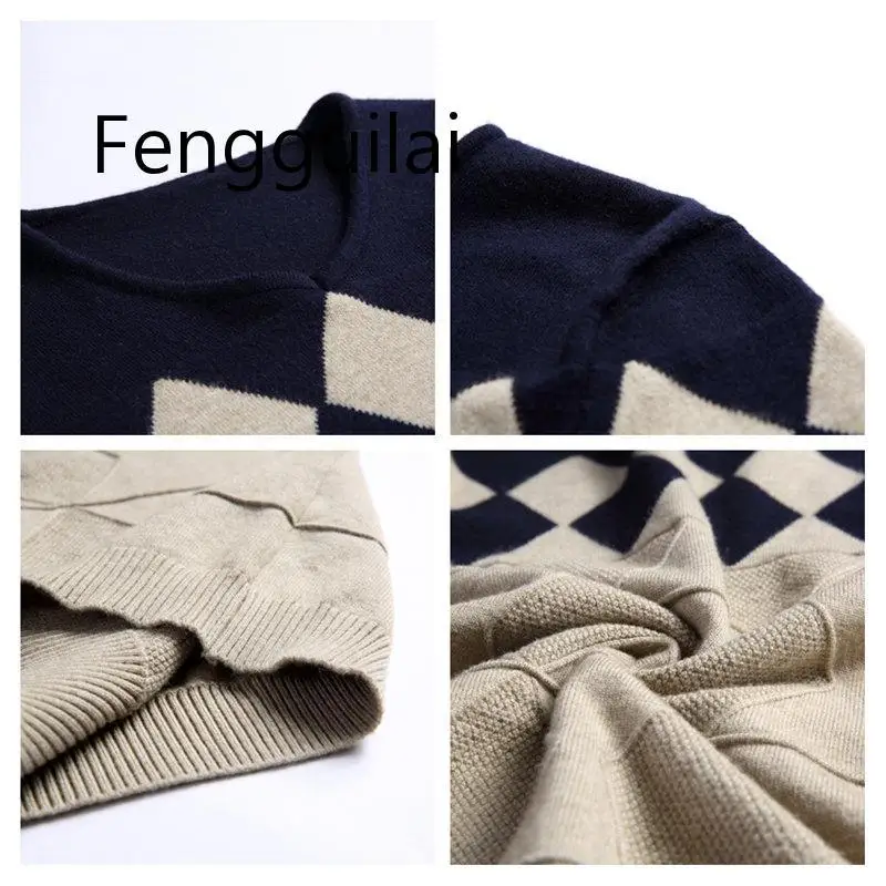 Cashmere Wool Sweater Men 2020 Autumn Winter Slim Fit Pullovers Men Argyle Pattern V-Neck Pull Homme Christmas Sweaters