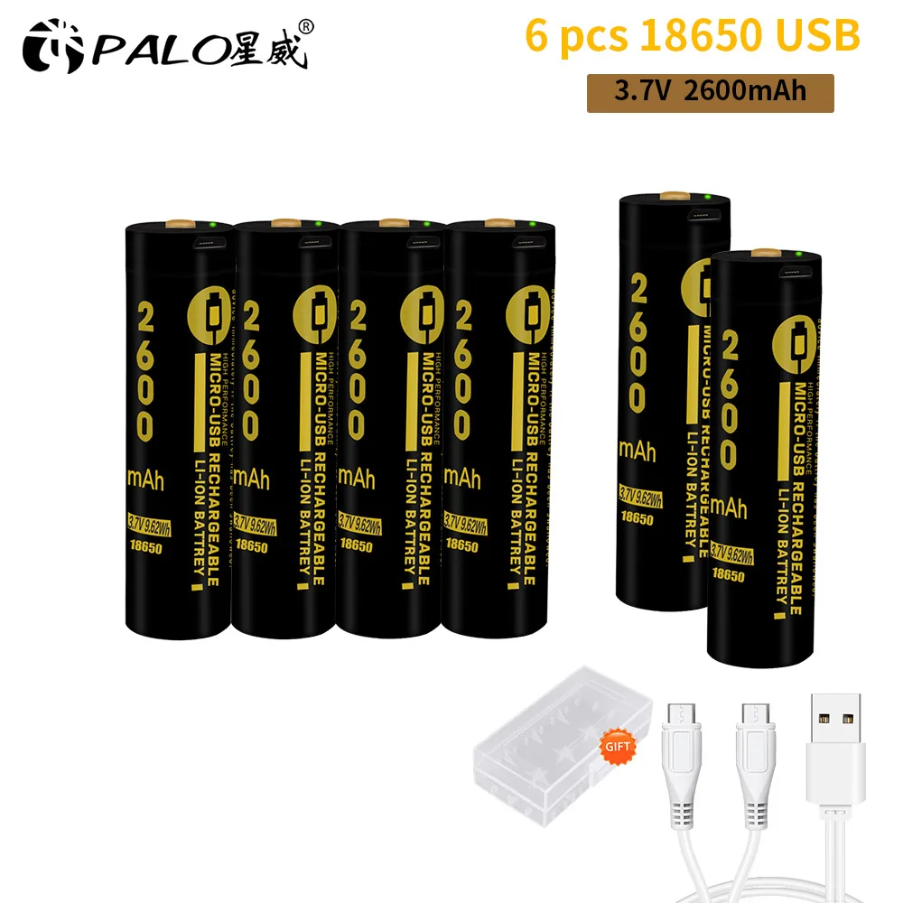 PALO MICRO USB 18650 батарея 2600 mAh литий-ионная аккумуляторная батарея 3,7 V светодиодный индикатор USB DC-зарядка умная батарея - Цвет: 6PCS