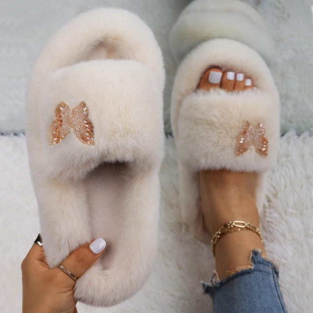 Fluffy Slippers Women Crystal Flower Decor Furry Sandals Elegant Ladies Home Flip Flops Faux Fur Slides Luxury Designer Shoes Beige10