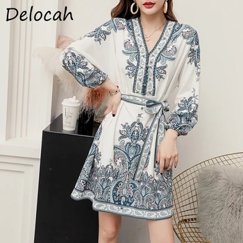 

Delocah Women Autumn Fashion Designer Party Midi Dress Bow Sashes Sexy V-Neck Vintage Printed Ladies A-line Dresses vestidos