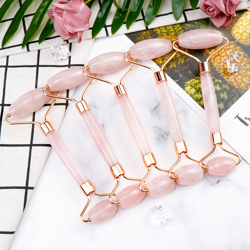 

natural rose quartz face roller pink crystal stone guasha board set facial slimming massage quartz neck massage tool