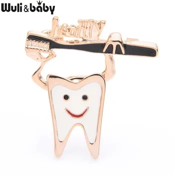 

Wuli&baby Enamel Tooth Toothbrush Brooches Women Alloy Silver Color Tooth Healthy Dentist Brooch Pins New Year Gifts