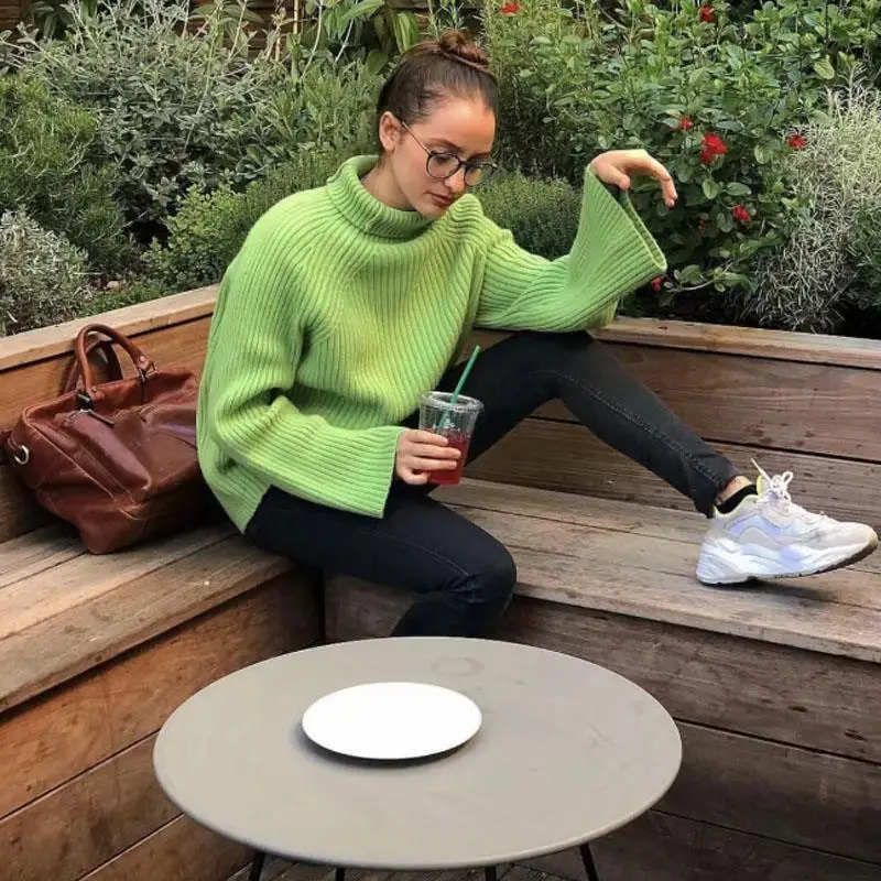 Водолазка женские свитера Корейские вязаные зеленые свитера с рукавами-фонариками зимние пуловеры Винтажный Длинный свитер