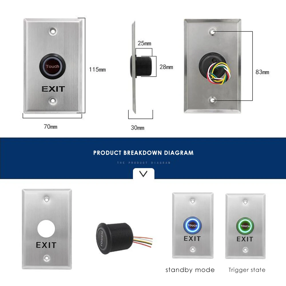 Stainless Steel Door Bell Switch Infrared  Touch Panel For Access Control Electric Lock Door Exit Push release Button