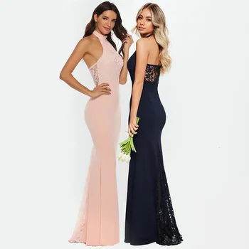 

BacklakeGirls Sexy Halter Neck Sleeveless Lace Mermaid Evening Dress Floor Length Satin Dress Vestido Largo Fiesta Real Photos