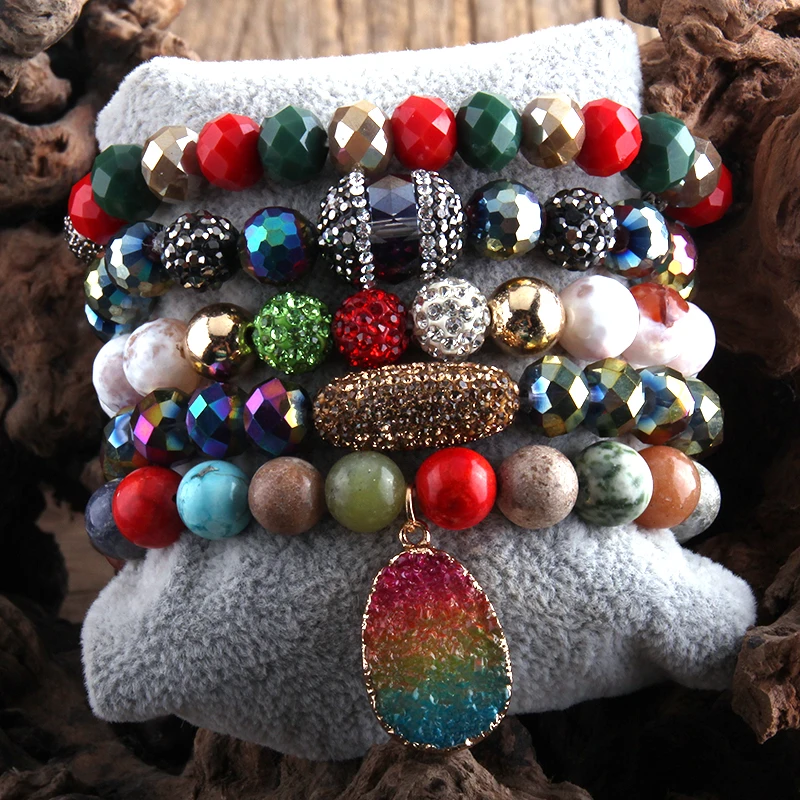 RH Fashion Boho Jewelry Christmas Gift Natural Stone &amp Glass Beaded Bracelet Set 5pc Bracelets Sets For Women | Украшения и