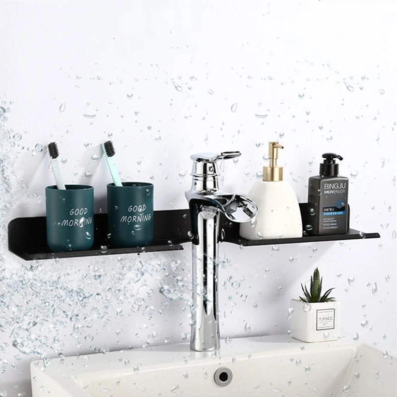 Description Picture 2 of itemBlack Silver Mirror Front Shelf Aluminum Wall Hanging Shampoo Tray Bathroom Kitchen Faucet Wash Counter Drain Rack Storage Rack