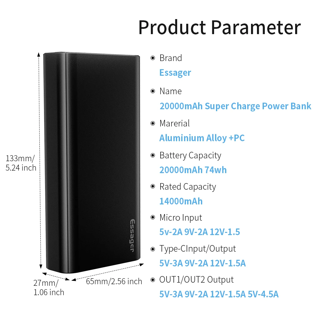 Essager 20000 мАч Внешний аккумулятор PD QC 3,0 Быстрая зарядка портативный внешний аккумулятор 20000 мАч Внешнее зарядное устройство для Xiaomi iPhone huawei