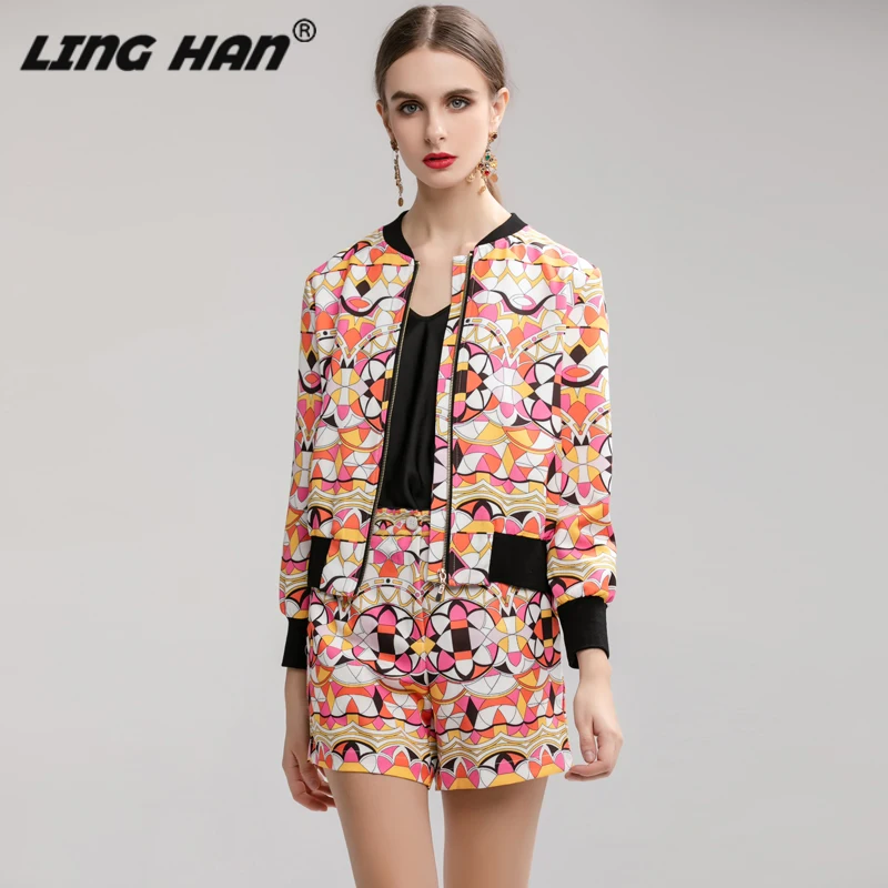 

LINGHAN Fashion Geometric Print Sets O-Neck Long Sleeve Jacket + High waist Shorts Two-piece set Autumn New