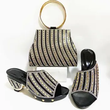 

New coming black with rhinestones slipper shoes and purse handbag set for fashion lady ASB5 Heel Height 7CM