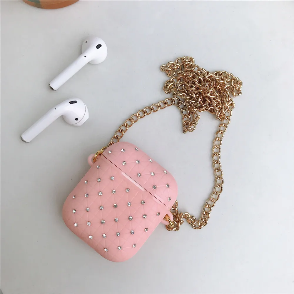 ТПУ Алмазный чехол с цепочкой для Apple Airpods, чехол, беспроводной Bluetooth, чехол для наушников, защитный чехол для Airpods 2