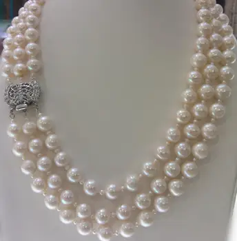 

Jewelry Free Shipping wholesale 3 rows natural AA 8-9mm white round freshwater pearl and nice clasp necklace