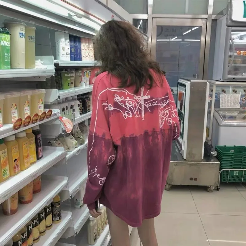 Женский свитшот в стиле Харадзюку свободный худи розового цвета с длинным