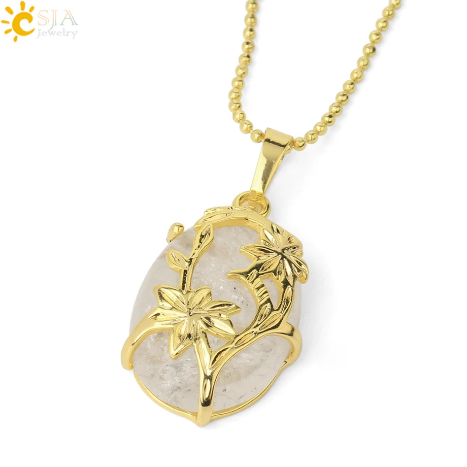 CSJA натуральный камень овальный кулон ожерелье золотой цвет жизни Цветок Рейки Кристалл кварц Lapis для женщин мужчин трендовые ювелирные изделия G333 - Окраска металла: White Crystal