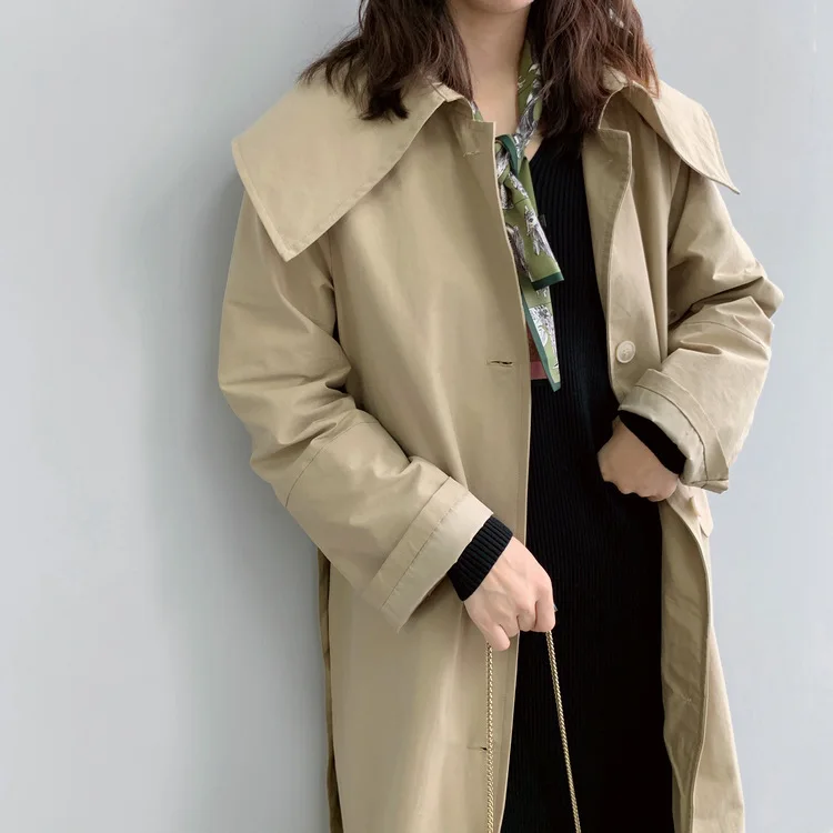 Autumn Winter Women Khaki Trench Coat Long Sleeve Turn Down Collar Overknee Long Thin Loose Coat With Belt