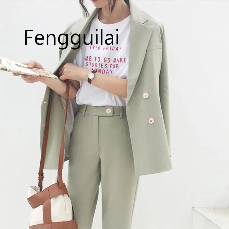 

Vintage Double Breasted Women Pant Suit Light Green Notched Blazer Jacket & High Waist Pant 2019 Spring Office Wear Women Suits