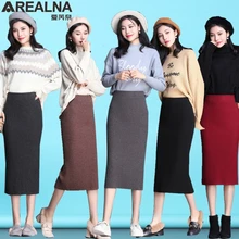 Эластичные женские юбки; сезон осень-зима; теплая вязаная шерстяная юбка с разрезом на бедрах; Прямые вечерние юбки средней длины в рубчик; Женская Рабочая Юбка