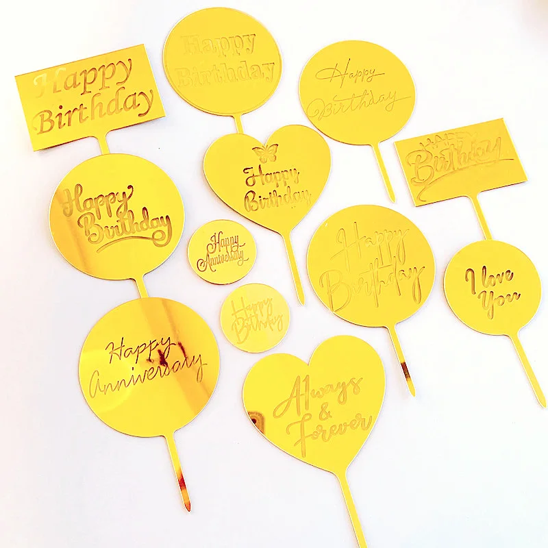 

Laser lettering Happy Birthday Cake Topper Golden Acrylic Birthday Party Cake Toppers For Baby shower Cakes Dessert Decorations